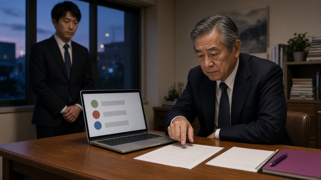 パソコンの横で書類を指さして確認する社長と、後ろで判断を待つ若手社員