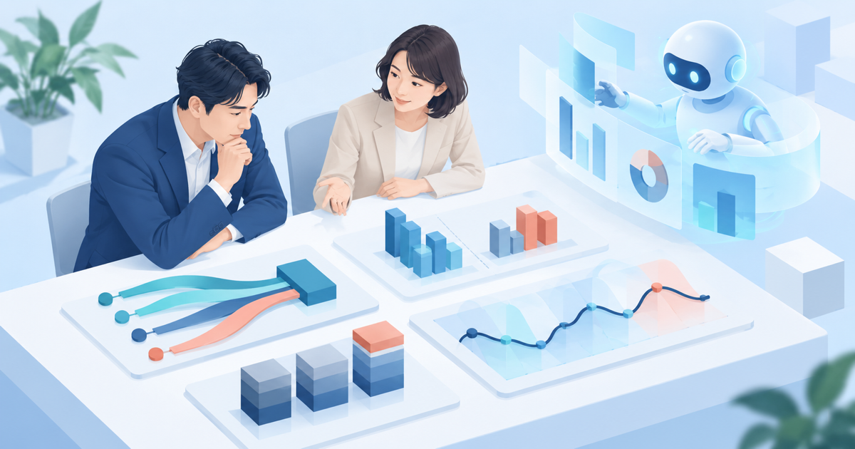 売上、粗利、固定費、資金繰りを表す図形をAIが整理し、経営者と財務コンサルタントが確認する様子を表したAI生成概念イメージ。特定企業の実績ではありません。