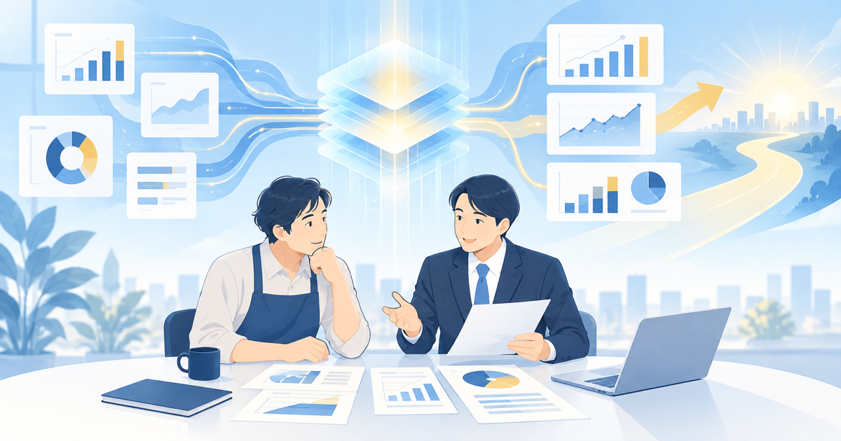 AIが月次資料、資金繰り、採算の情報を整理し、中小企業の経営者と社外の財務支援者が対話して判断する役割分担を表したAI生成イメージ。