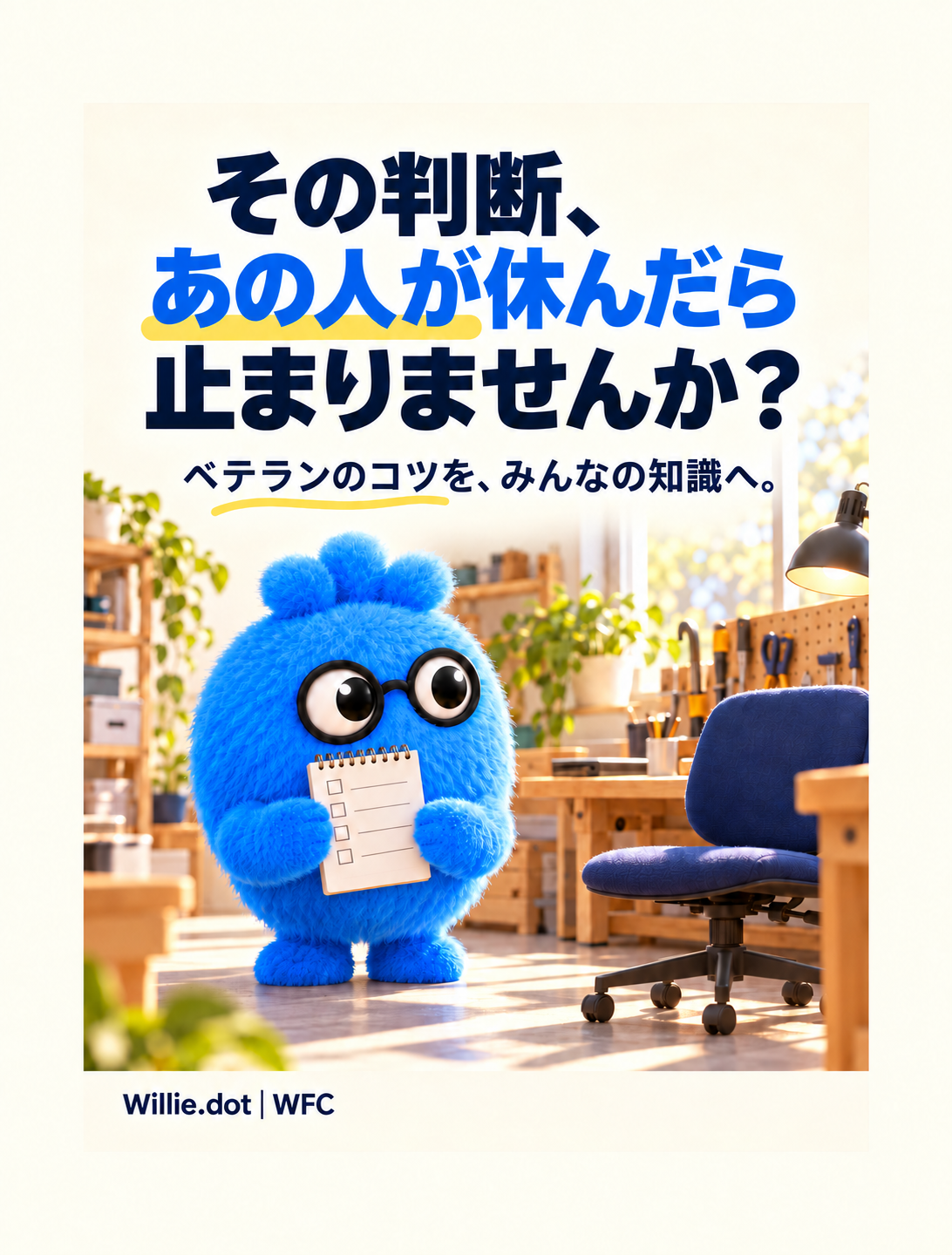 青いふわふわのWillieが工房でチェック表を持ち、空の椅子を見ている。その判断、あの人が休んだら止まりませんか？ ベテランのコツを、みんなの知識へ。