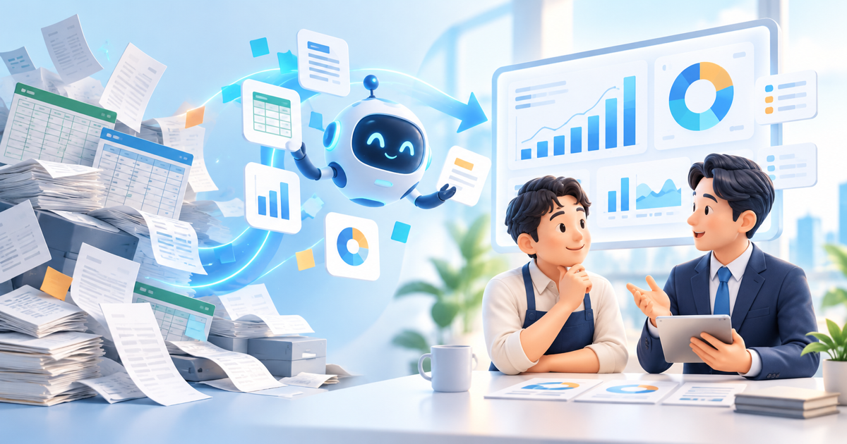 分散した財務資料をAIが整理し、中小企業の経営者と財務コンサルタントが経営判断に使う様子を表したAI生成イメージ。